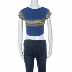 Pre Owned Alice + Olivia Blue Cotton Cap Sleeve Zip Front Woven Amy Crop Top M