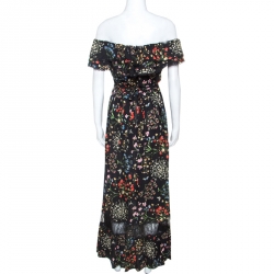 Pre Owned Alice + Olivia Black Floral Print Stretch Off Shoulder Maxi Dress M