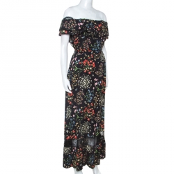 Pre Owned Alice + Olivia Black Floral Print Stretch Off Shoulder Maxi Dress M