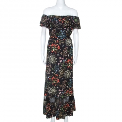 Pre Owned Alice + Olivia Black Floral Print Stretch Off Shoulder Maxi Dress M