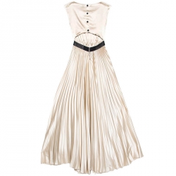 Alice + Olivia Beige Satin Pleated Cut Out Back Detail Maxi Dress XS