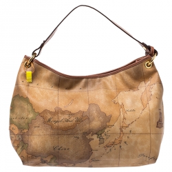 Alviero Martini 1a Classe Brown Geo Print Coated Canvas Hobo
