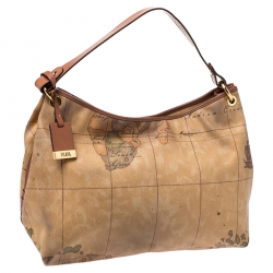 Alviero Martini 1a Classe Brown Geo Print Coated Canvas Hobo