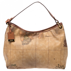 Alviero Martini 1a Classe Brown Geo Print Coated Canvas Hobo