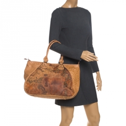 Pre Owned Alviero Martini 1A Classe Tan Coated Canvas and Embossed Ostrich Tote