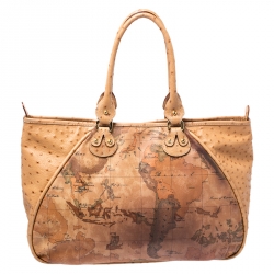 Pre Owned Alviero Martini 1A Classe Tan Coated Canvas and Embossed Ostrich Tote