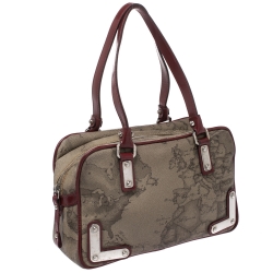 Alviero Martini 1A Classe Grey/Red Coated Canvas and Patent Leather Satchel