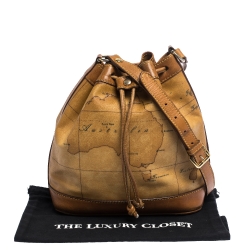Pre Owned Alviero Martini 1A Classe Brown Geo Print Coated Canvas and Leather Bucket Bag
