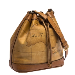 Pre Owned Alviero Martini 1A Classe Brown Geo Print Coated Canvas and Leather Bucket Bag
