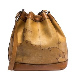 Pre Owned Alviero Martini 1A Classe Brown Geo Print Coated Canvas and Leather Bucket Bag