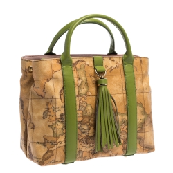 Pre Owned Alviero Martini 1A Classe Green/Brown Geo Print Coated Canvas and Leather Tassel Tote