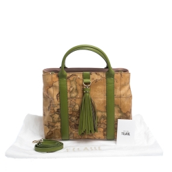 Pre Owned Alviero Martini 1A Classe Green/Brown Geo Print Coated Canvas and Leather Tassel Tote