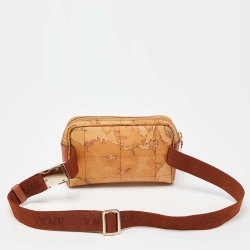 Pre Owned Alviero Martini 1A Classe Brown Geo Print Coated Canvas and Leather Belt Bag