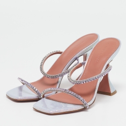 Pre Owned Amina Muaddi Lilac Glitter Patent Leather Gilda Slide Sandals Size 37