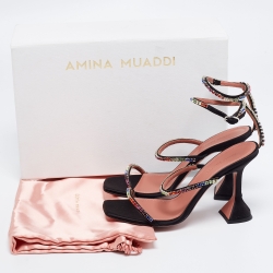 Pre Owned Amina Muaddi Black Satin Crystal Embellished Gilda Sandals Size 37