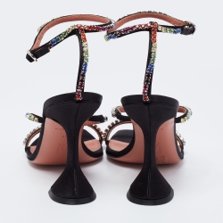 Pre Owned Amina Muaddi Black Satin Crystal Embellished Gilda Sandals Size 37