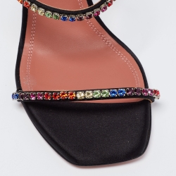 Pre Owned Amina Muaddi Black Satin Crystal Embellished Gilda Sandals Size 37