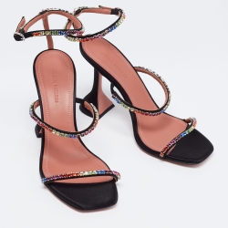 Pre Owned Amina Muaddi Black Satin Crystal Embellished Gilda Sandals Size 37