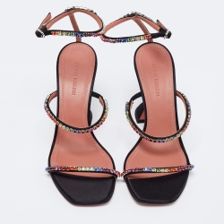 Pre Owned Amina Muaddi Black Satin Crystal Embellished Gilda Sandals Size 37