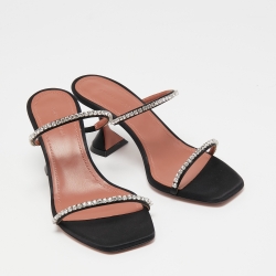 Pre Owned Amina Muaddi Black Crystal Embellished Satin Gilda Slide Sandals Size 38
