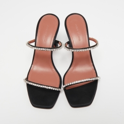 Pre Owned Amina Muaddi Black Crystal Embellished Satin Gilda Slide Sandals Size 38