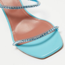 Amina Muaddi Blue Leather Crystal Embellished Gilda Slide Sandals Size 40