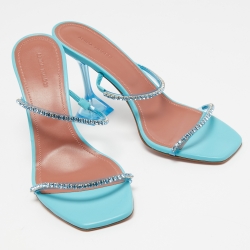 Amina Muaddi Blue Leather Crystal Embellished Gilda Slide Sandals Size 40