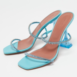 Amina Muaddi Blue Leather Crystal Embellished Gilda Slide Sandals Size 40
