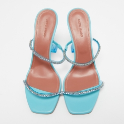 Amina Muaddi Blue Leather Crystal Embellished Gilda Slide Sandals Size 40