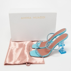 Amina Muaddi Blue Leather Crystal Embellished Gilda Slide Sandals Size 40