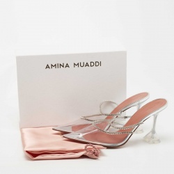 Pre Owned Amina Muaddi Silver PVC Gilda Glass Mules Size 42