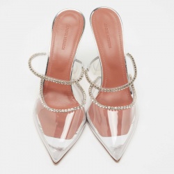 Pre Owned Amina Muaddi Silver PVC Gilda Glass Mules Size 42