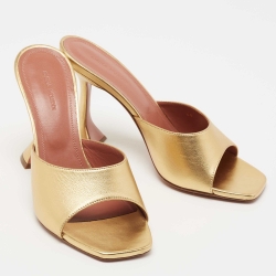 Pre Owned Amina Muaddi Gold Leather Lupita Slide Sandals Size 40
