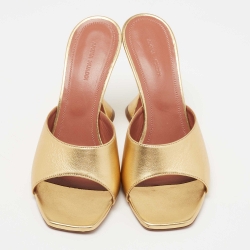Pre Owned Amina Muaddi Gold Leather Lupita Slide Sandals Size 40