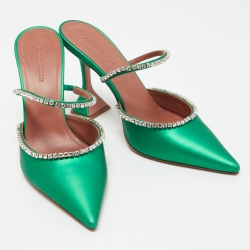 Pre Owned Amina Muaddi Green Leather Gilda Mules Size 38