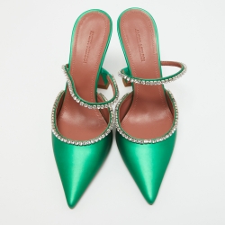 Pre Owned Amina Muaddi Green Leather Gilda Mules Size 38