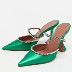 Pre Owned Amina Muaddi Green Leather Gilda Mules Size 38