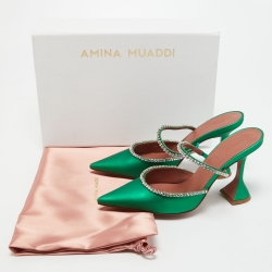 Pre Owned Amina Muaddi Green Leather Gilda Mules Size 38