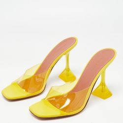 Pre Owned Amina Muaddi Yellow PVC Lupita Slide Sandals Size 38