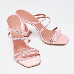 Pre Owned Amina Muaddi Pink Crystal Embellished Satin Gilda Slide Sandals Size 37
