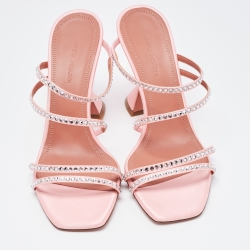 Pre Owned Amina Muaddi Pink Crystal Embellished Satin Gilda Slide Sandals Size 37