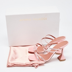 Pre Owned Amina Muaddi Pink Crystal Embellished Satin Gilda Slide Sandals Size 37