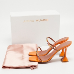 Pre Owned Amina Muaddi Orange Crystal Embellished Satin Gilda Slide Sandals Size 40