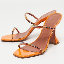 Pre Owned Amina Muaddi Orange Crystal Embellished Satin Gilda Slide Sandals Size 40