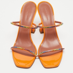 Pre Owned Amina Muaddi Orange Crystal Embellished Satin Gilda Slide Sandals Size 40