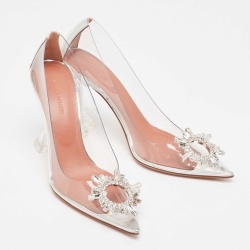 Pre Owned Amina Muaddi Silver/Transparent PVC and Leather Begum Pumps Size 38