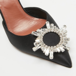 Pre Owned Amina Muaddi Black Satin Crystal Buckle Begum Slingback Pumps Size 39