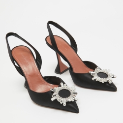 Pre Owned Amina Muaddi Black Satin Crystal Buckle Begum Slingback Pumps Size 39