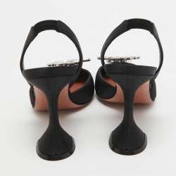 Pre Owned Amina Muaddi Black Satin Crystal Buckle Begum Slingback Pumps Size 39