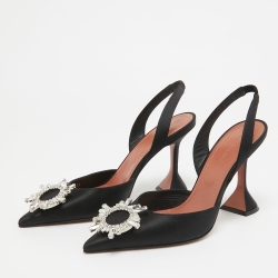 Pre Owned Amina Muaddi Black Satin Crystal Buckle Begum Slingback Pumps Size 39